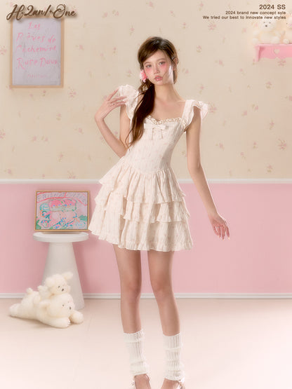 Floral Corset Tiered Dress With Butterfly Sleeves