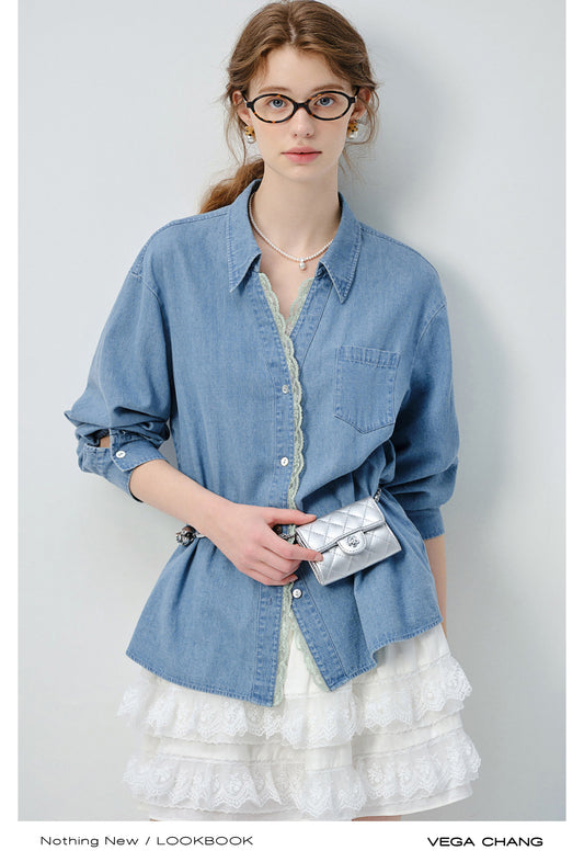 Lace-Trimmed V-Neck Denim Shirt In Breathable Fabric