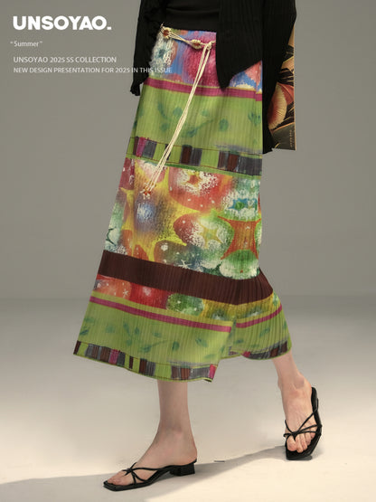 Sleeveless Embroidered Top And Pleated Retro Print Skirt