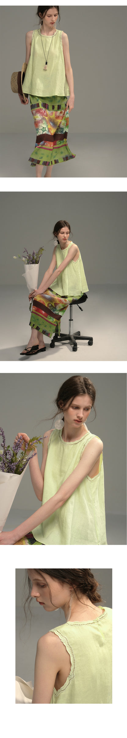 Sleeveless Embroidered Top And Pleated Retro Print Skirt