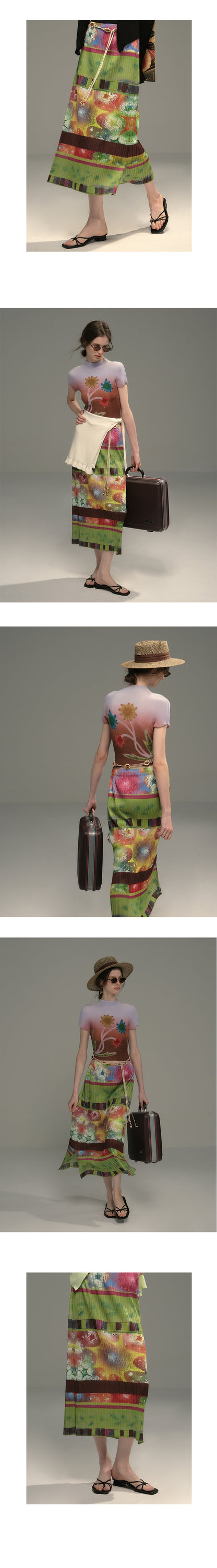 Sleeveless Embroidered Top And Pleated Retro Print Skirt