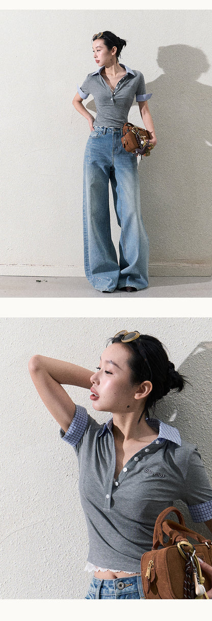 Plaid Collar Slim Fit Top With Half Button