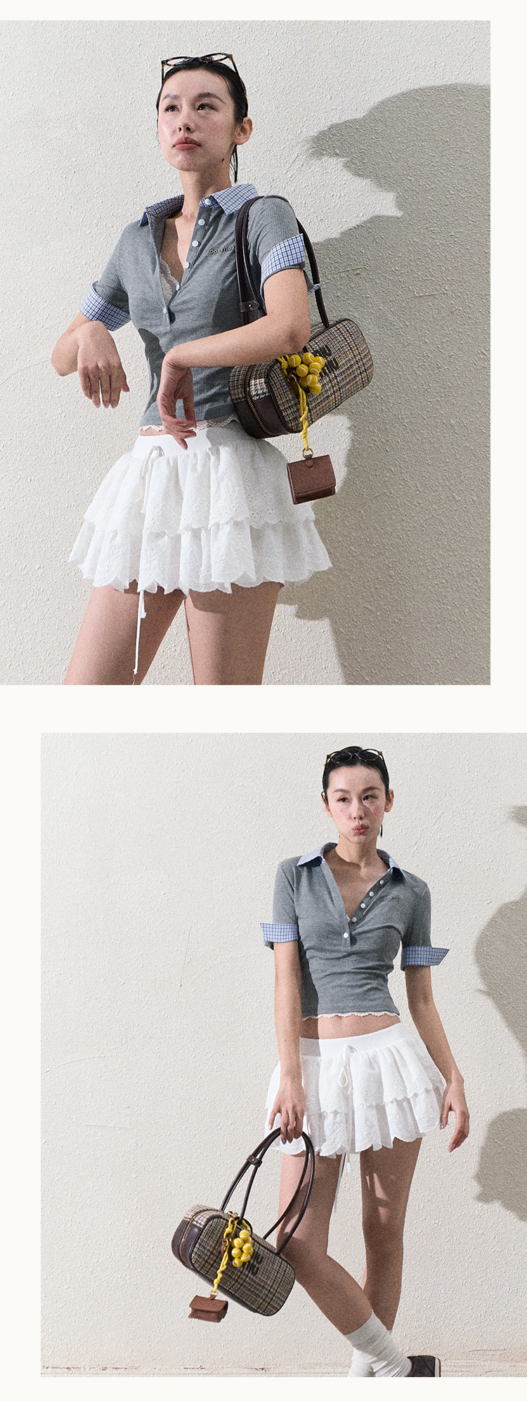 Plaid Collar Slim Fit Top With Half Button
