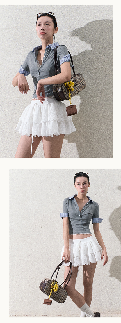 Plaid Collar Slim Fit Top With Half Button