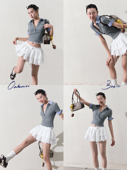 Plaid Collar Slim Fit Top With Half Button
