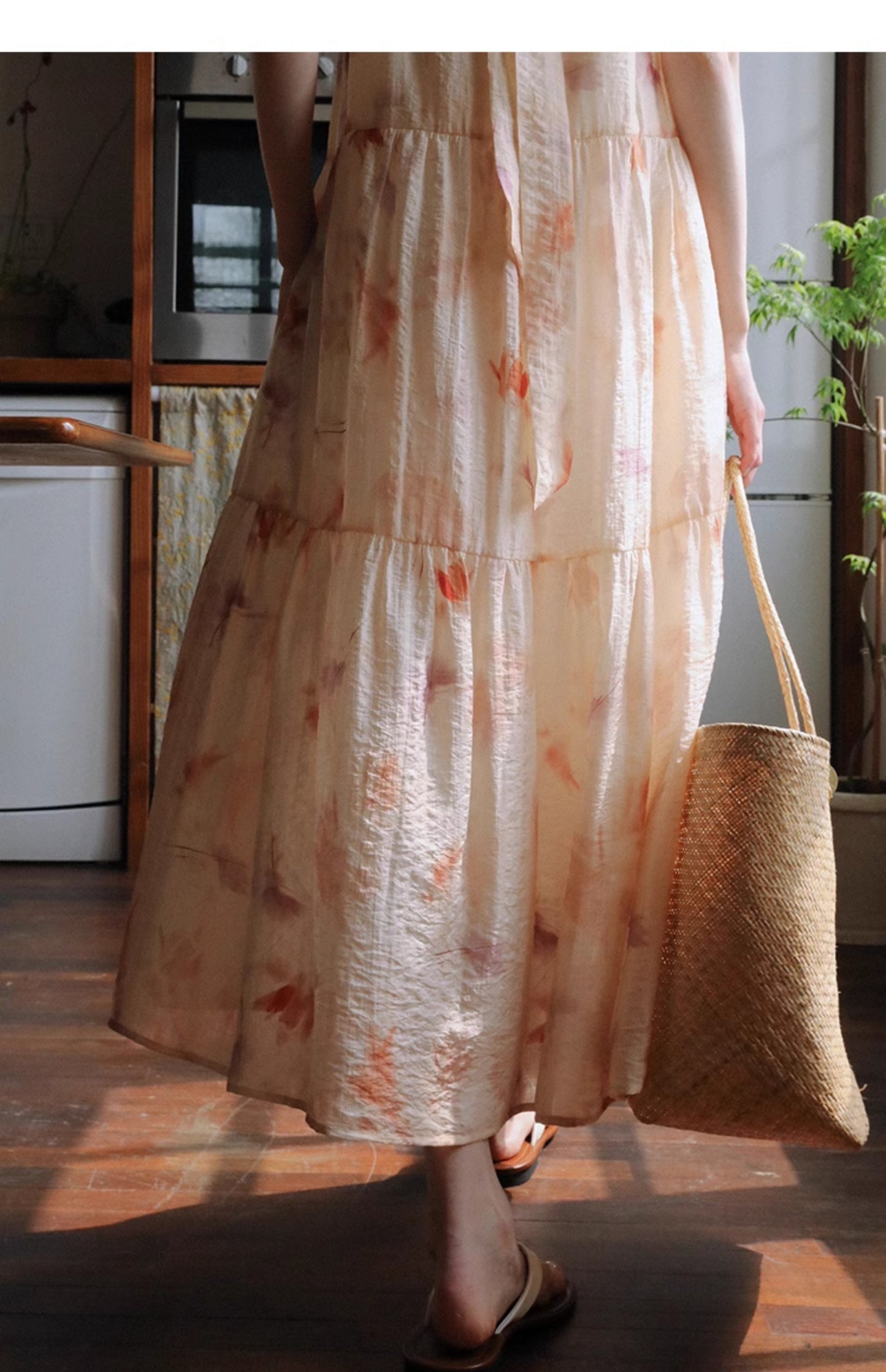 Gathered-Neck Floral Dress With Beaded Tie Straps