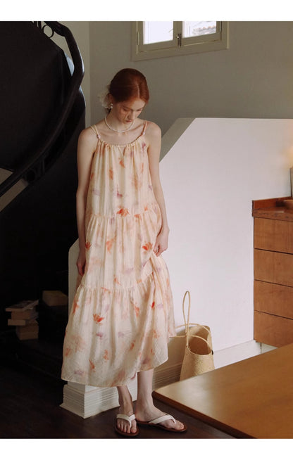 Gathered-Neck Floral Dress With Beaded Tie Straps