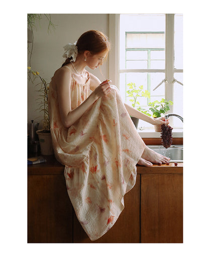 Gathered-Neck Floral Dress With Beaded Tie Straps