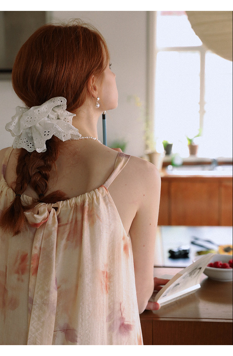 Gathered-Neck Floral Dress With Beaded Tie Straps