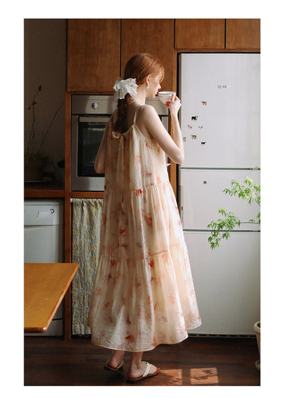 Gathered-Neck Floral Dress With Beaded Tie Straps