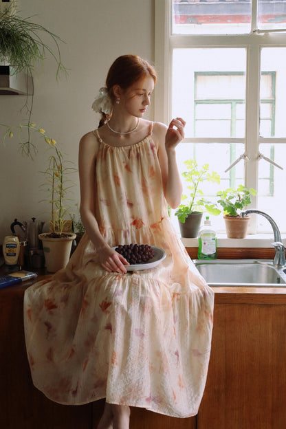 Gathered-Neck Floral Dress With Beaded Tie Straps