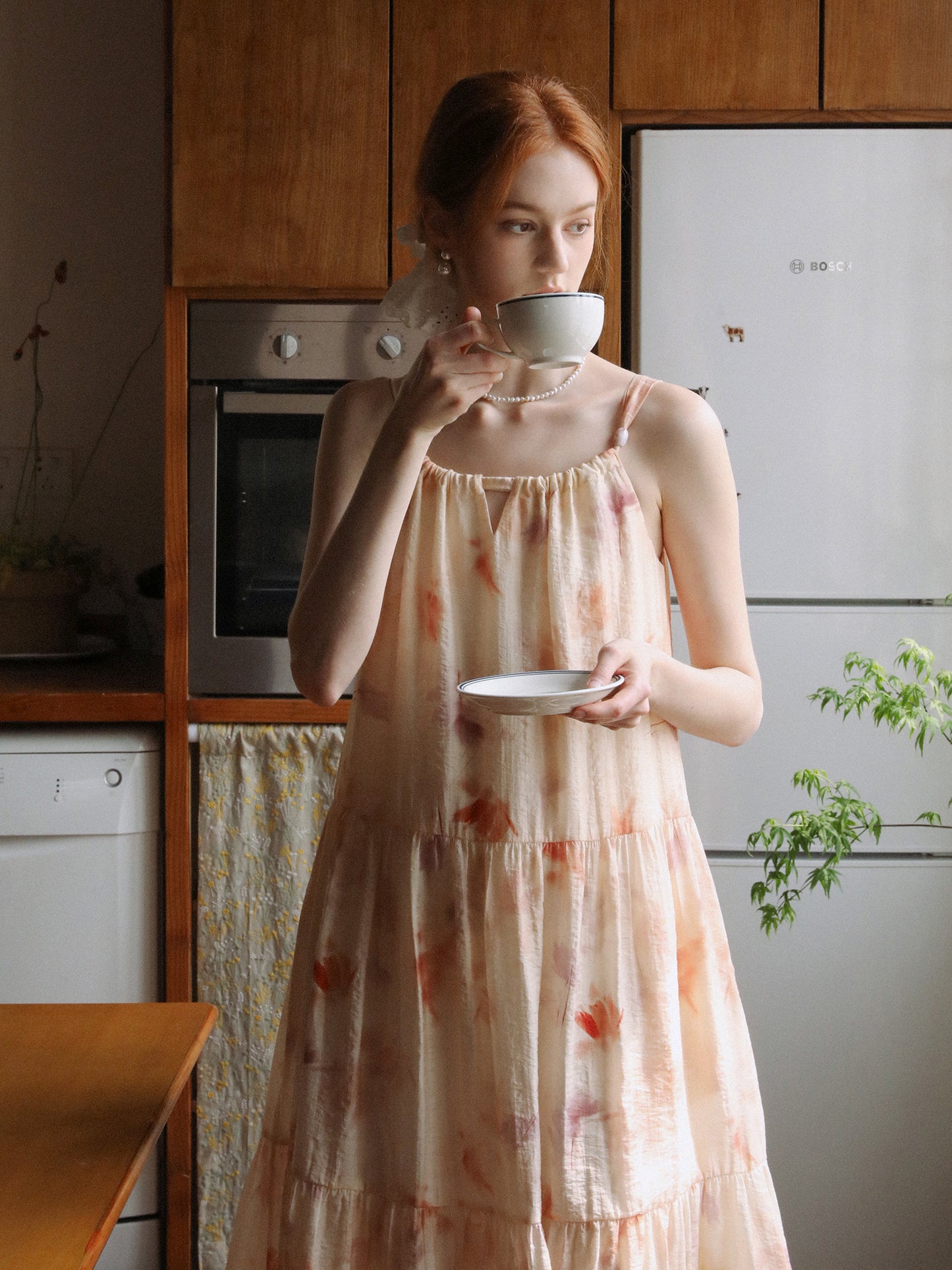 Gathered-Neck Floral Dress With Beaded Tie Straps