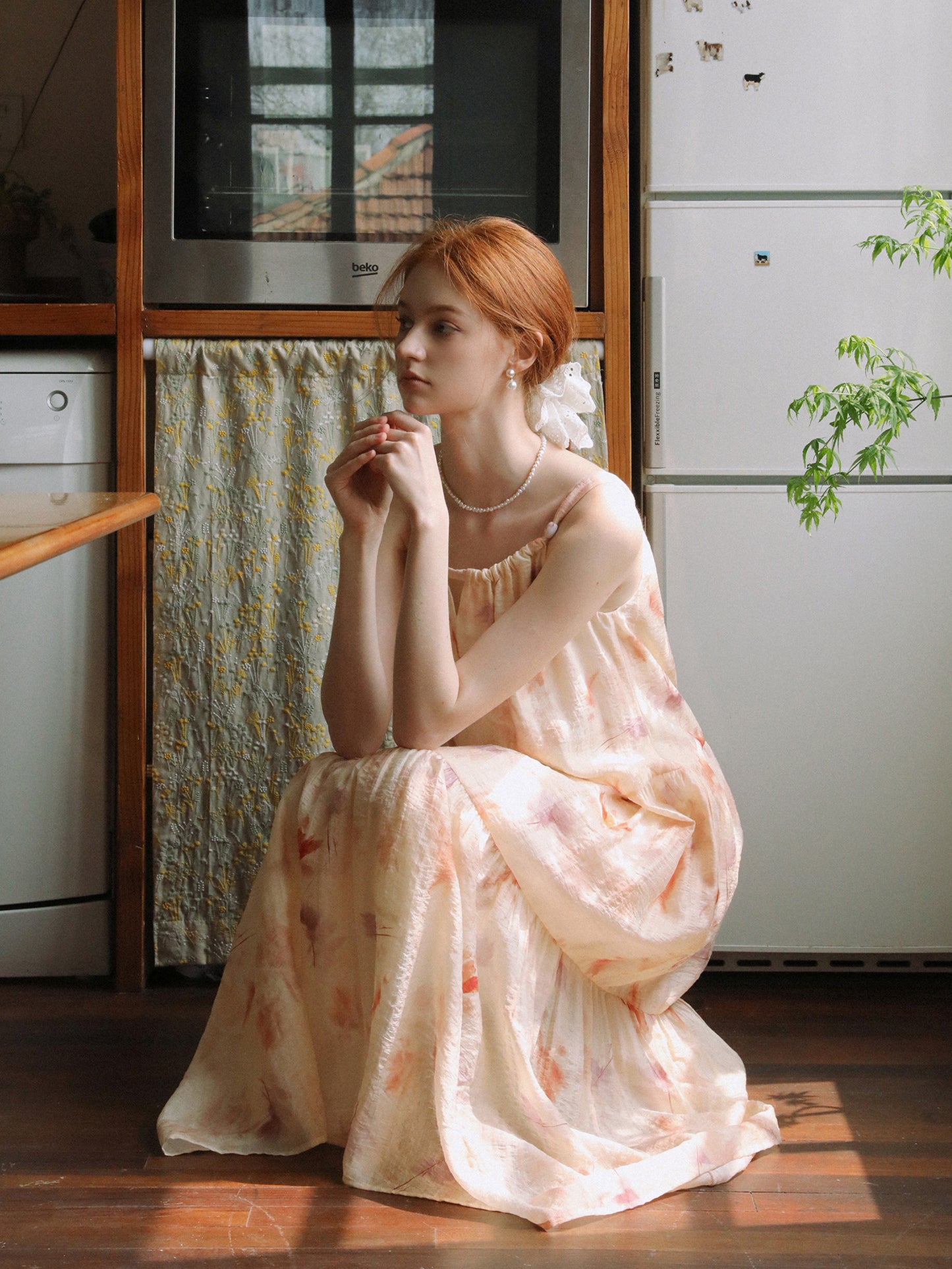 Gathered-Neck Floral Dress With Beaded Tie Straps
