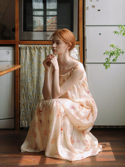 Gathered-Neck Floral Dress With Beaded Tie Straps
