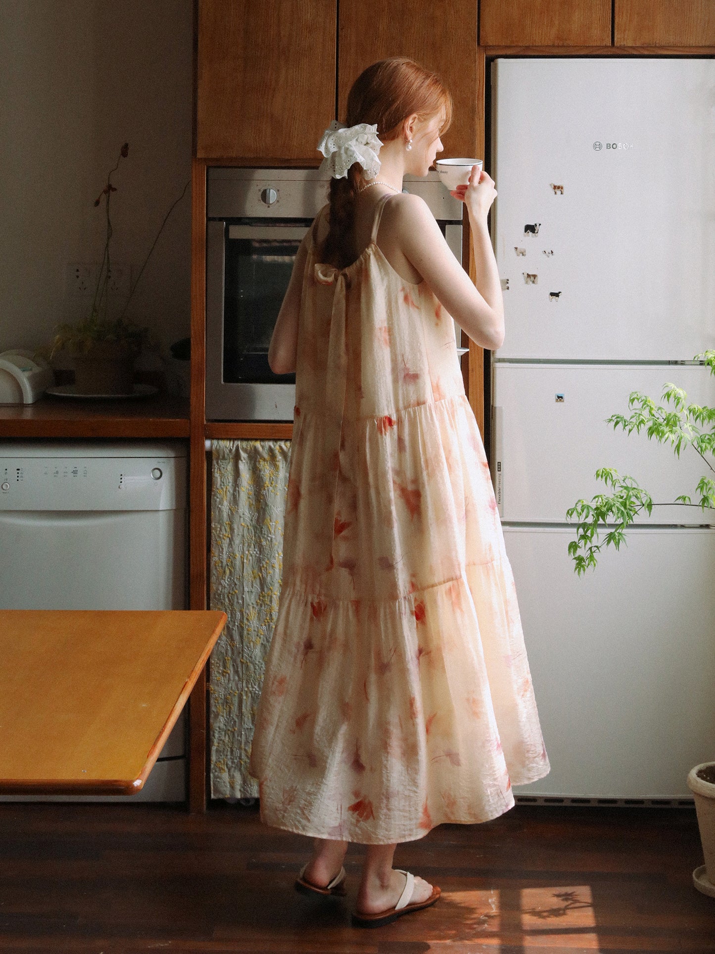 Gathered-Neck Floral Dress With Beaded Tie Straps