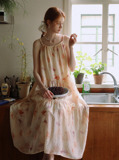 Gathered-Neck Floral Dress With Beaded Tie Straps