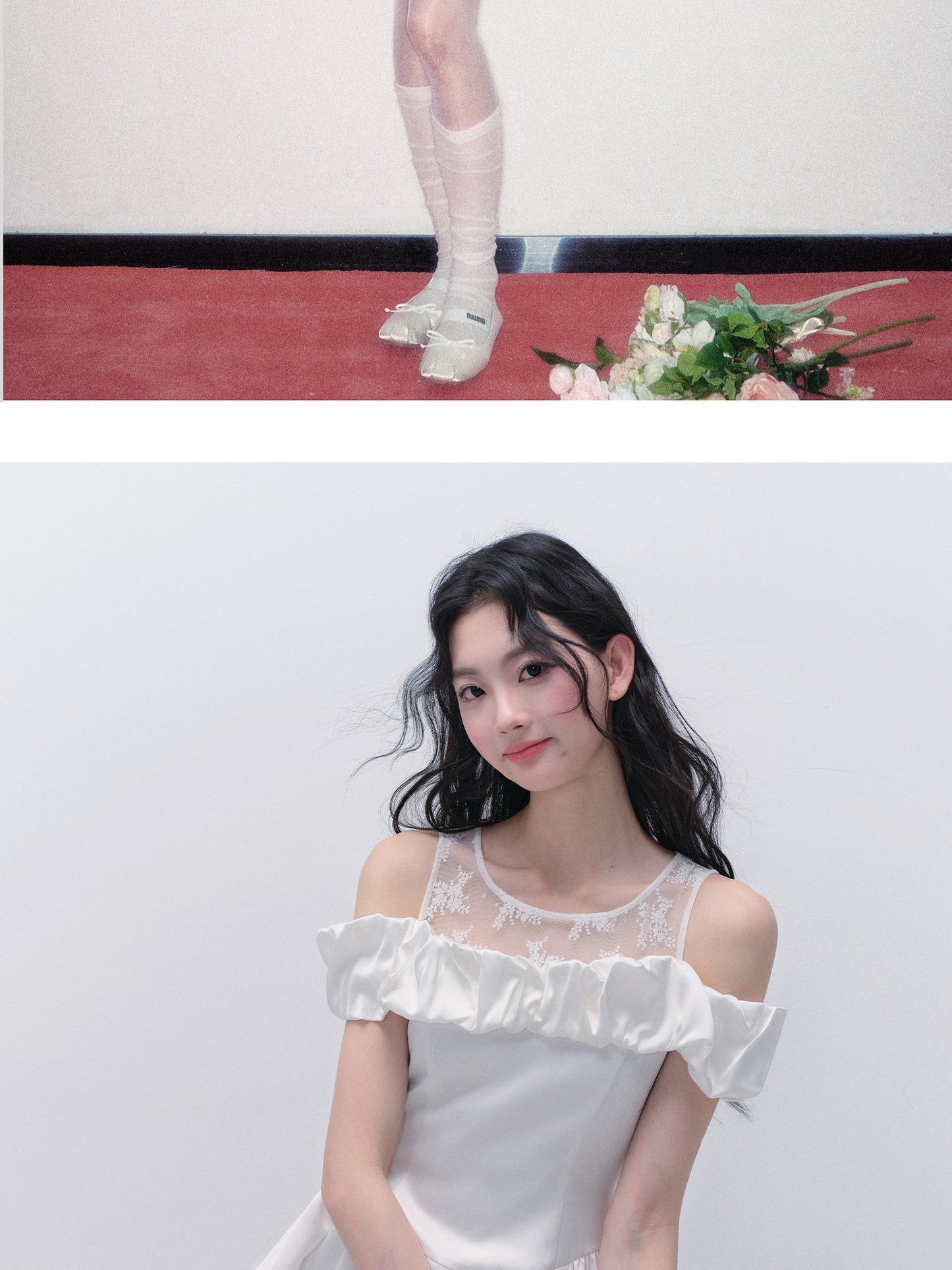 Off-Shoulder Lace-Inset Satin Dress