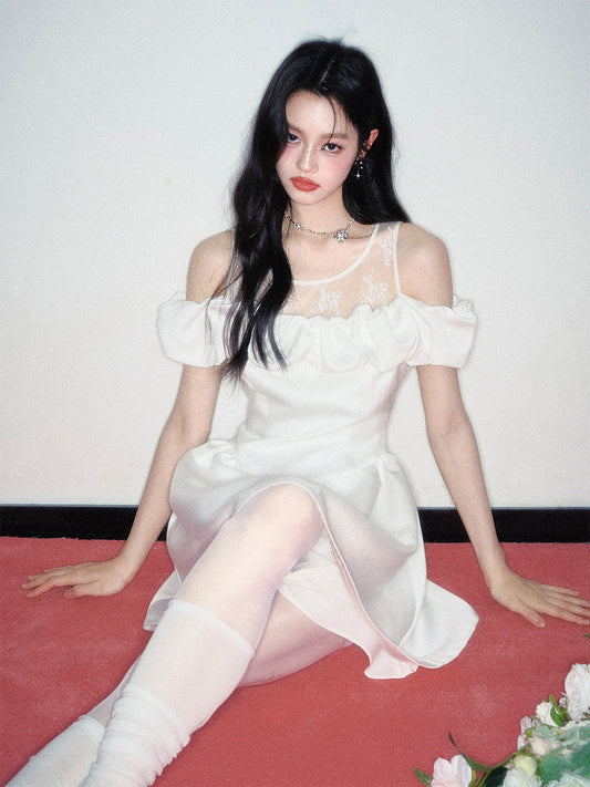 Off-Shoulder Lace-Inset Satin Dress