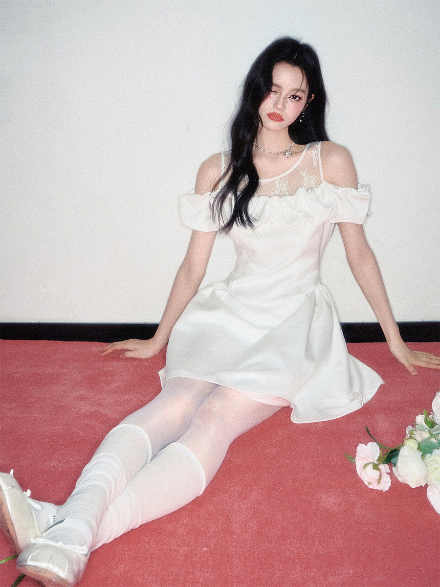 Off-Shoulder Lace-Inset Satin Dress