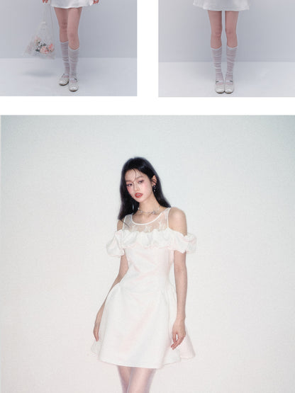 Off-Shoulder Lace-Inset Satin Dress