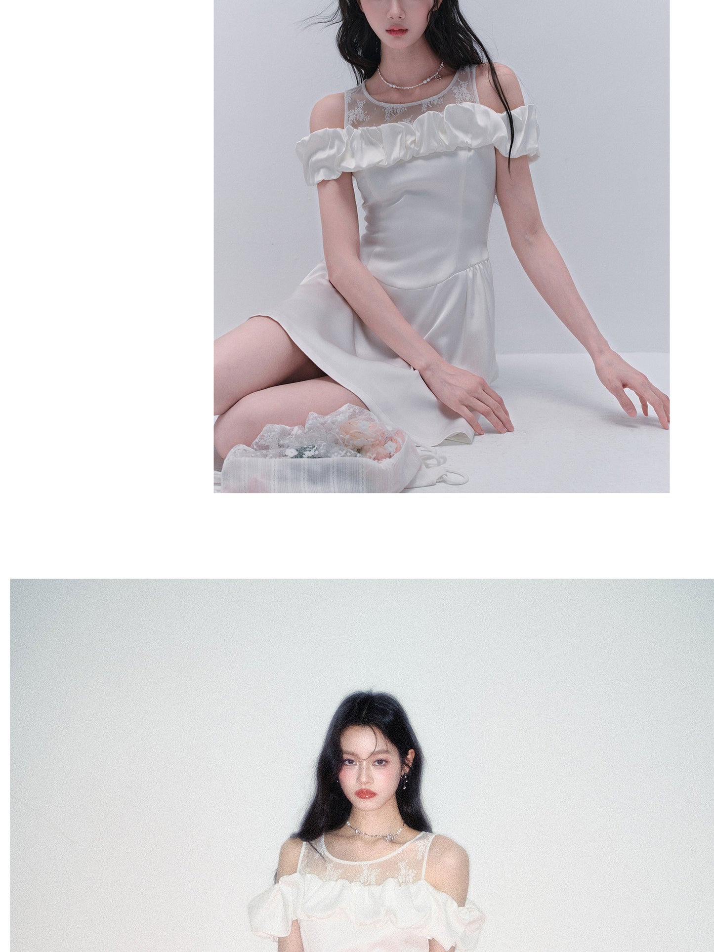 Off-Shoulder Lace-Inset Satin Dress