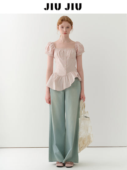 Ruched Peplum Blouse With Asymmetric Hem
