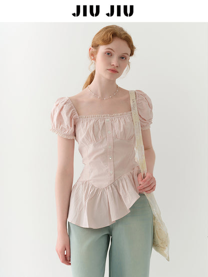 Ruched Peplum Blouse With Asymmetric Hem