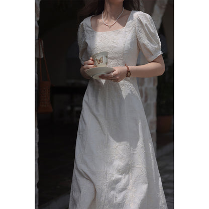 Classic Floral Embroidered Square Neck Midi Dress