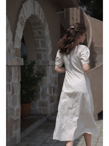 Classic Floral Embroidered Square Neck Midi Dress