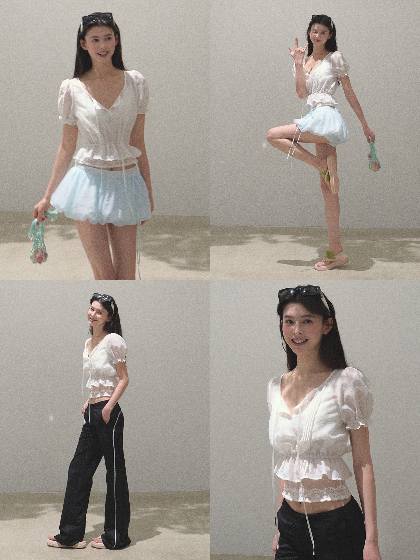 Puff-Sleeve Cinched Cropped Blouse