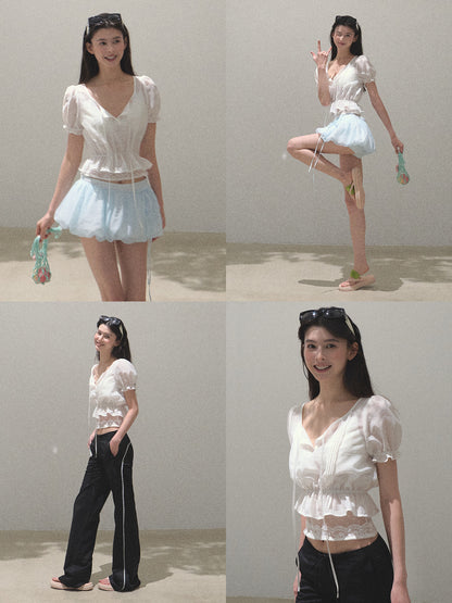 Puff-Sleeve Cinched Cropped Blouse