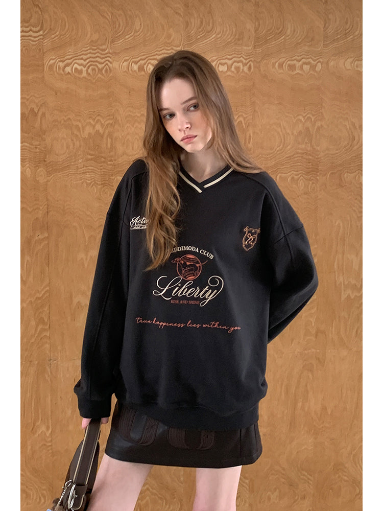 Retro Sporty Casual V-Neck Sweatshirt