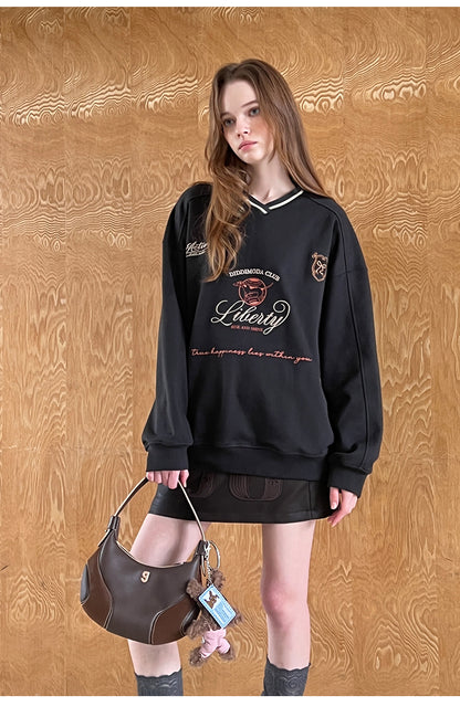 Retro Sporty Casual V-Neck Sweatshirt