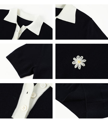 Flower Embroidered Puff-Sleeve Polo Shirt
