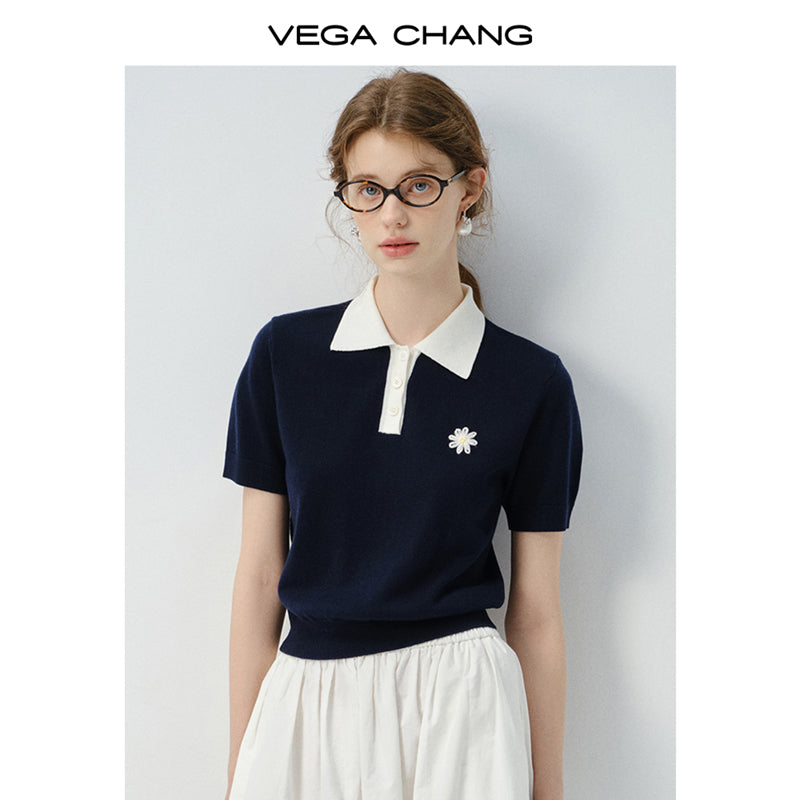 Flower Embroidered Puff-Sleeve Polo Shirt