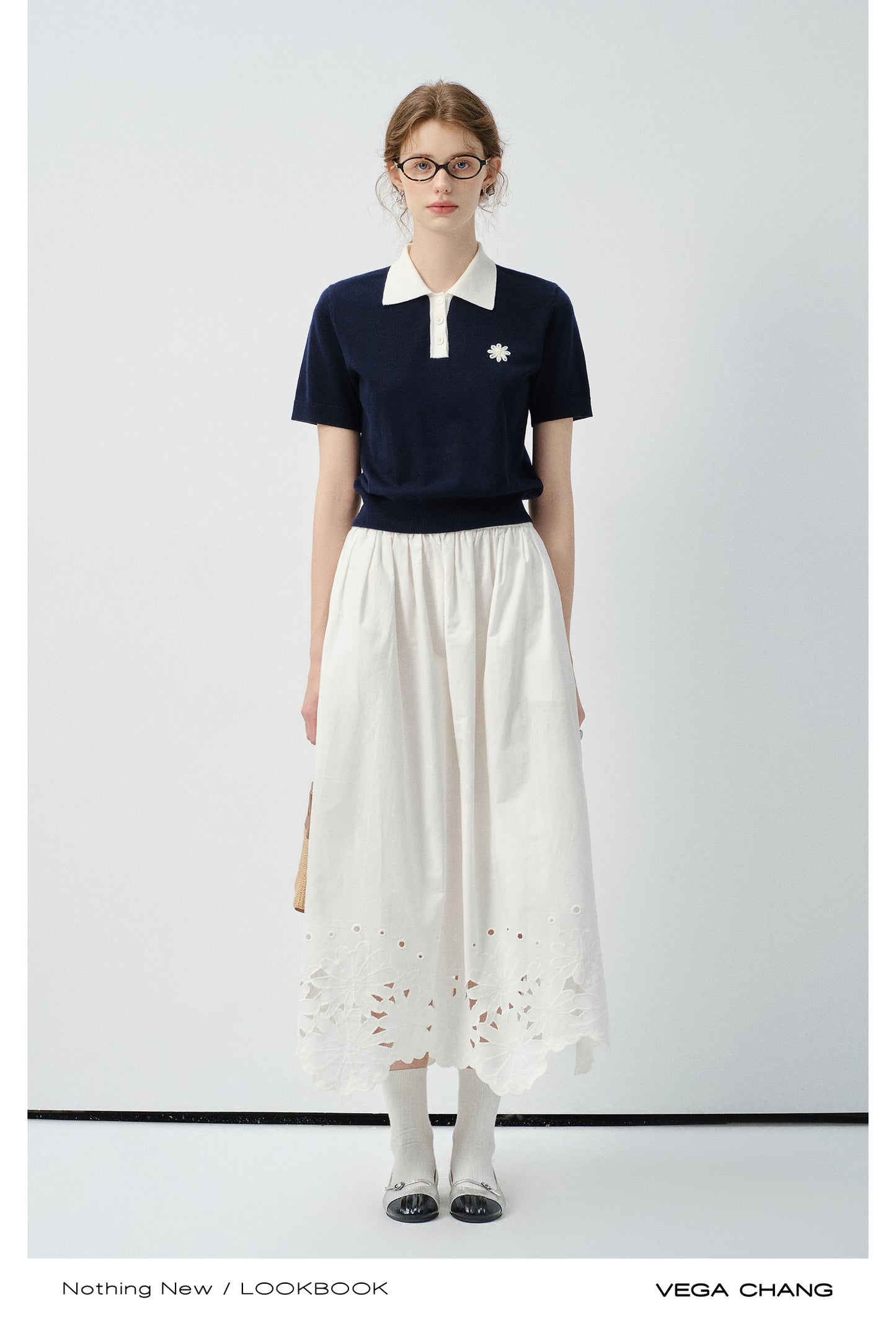 Flower Embroidered Puff-Sleeve Polo Shirt