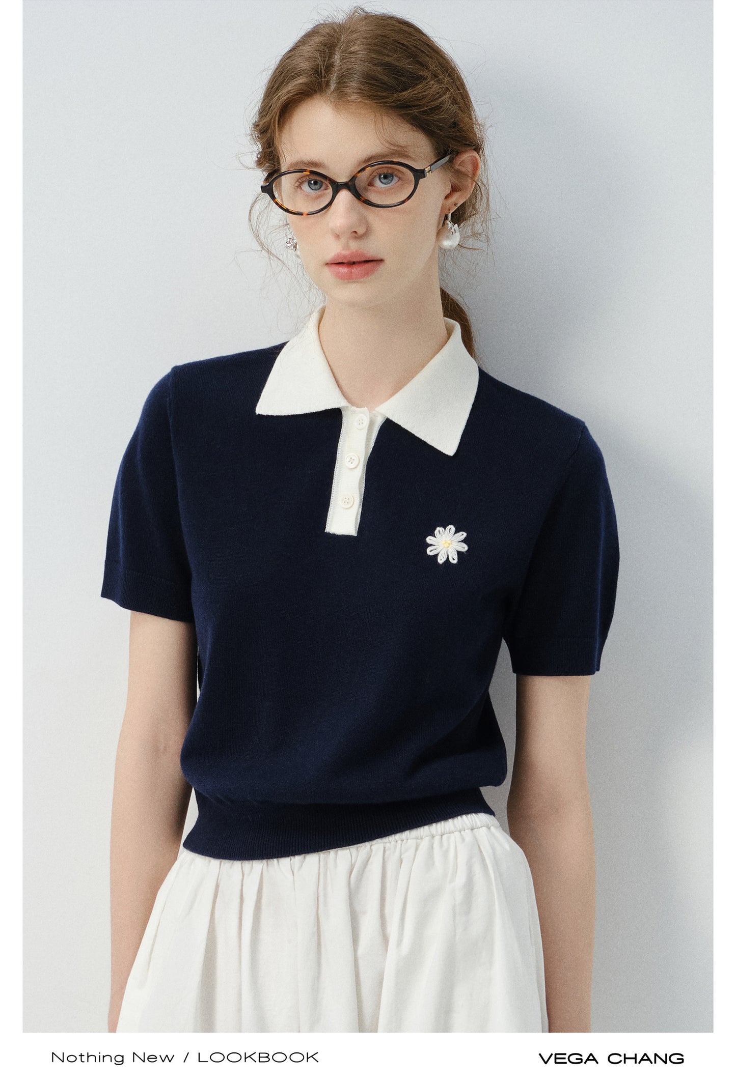 Flower Embroidered Puff-Sleeve Polo Shirt