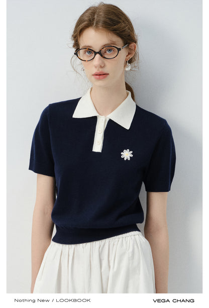 Flower Embroidered Puff-Sleeve Polo Shirt