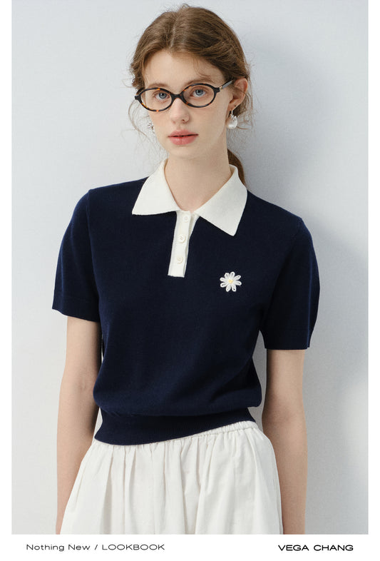 Flower Embroidered Puff-Sleeve Polo Shirt