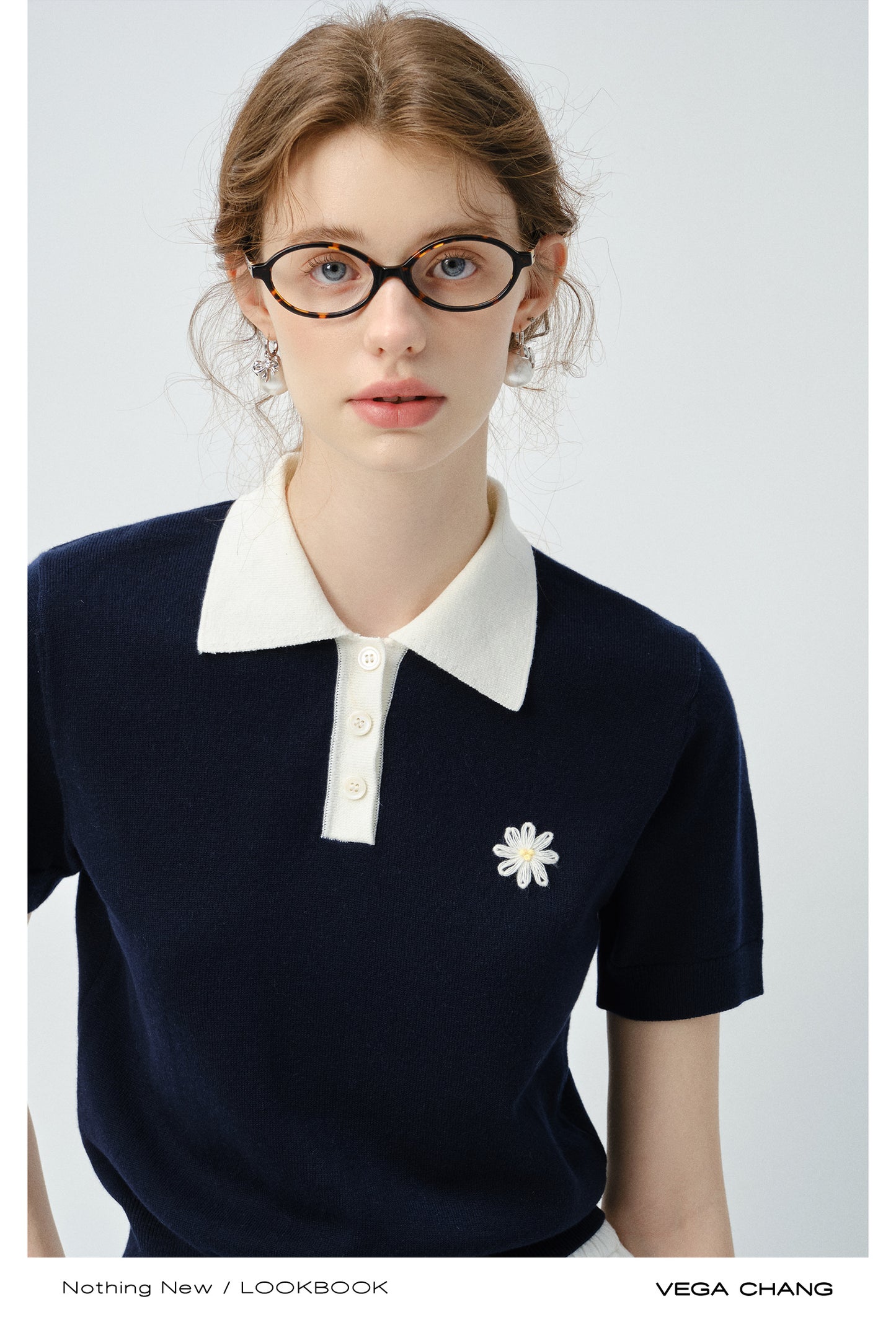 Flower Embroidered Puff-Sleeve Polo Shirt
