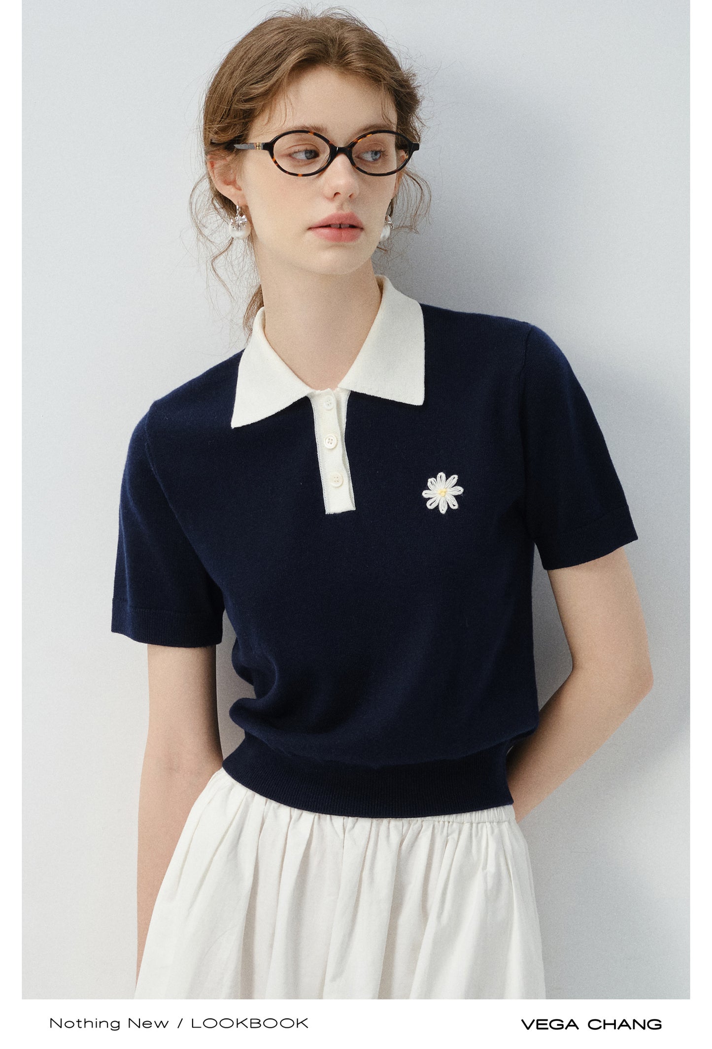 Flower Embroidered Puff-Sleeve Polo Shirt