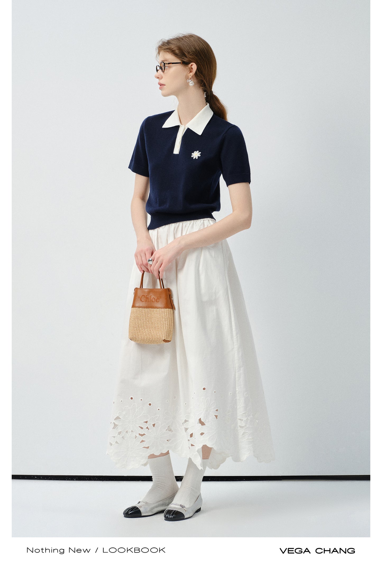 Flower Embroidered Puff-Sleeve Polo Shirt