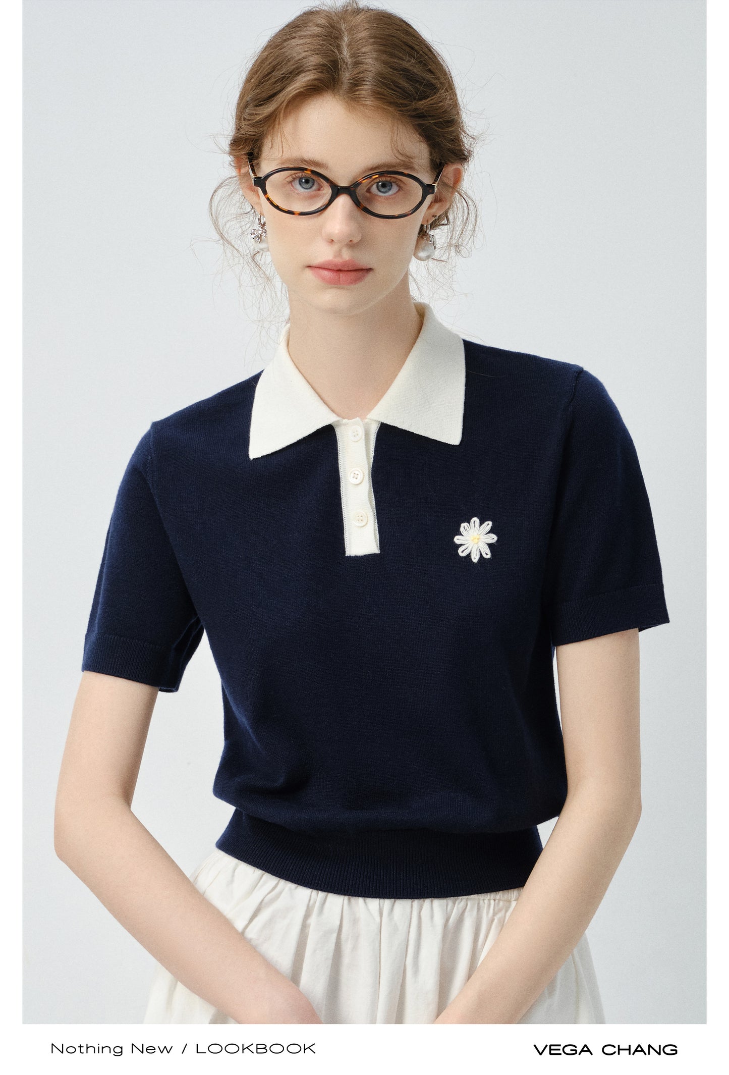 Flower Embroidered Puff-Sleeve Polo Shirt