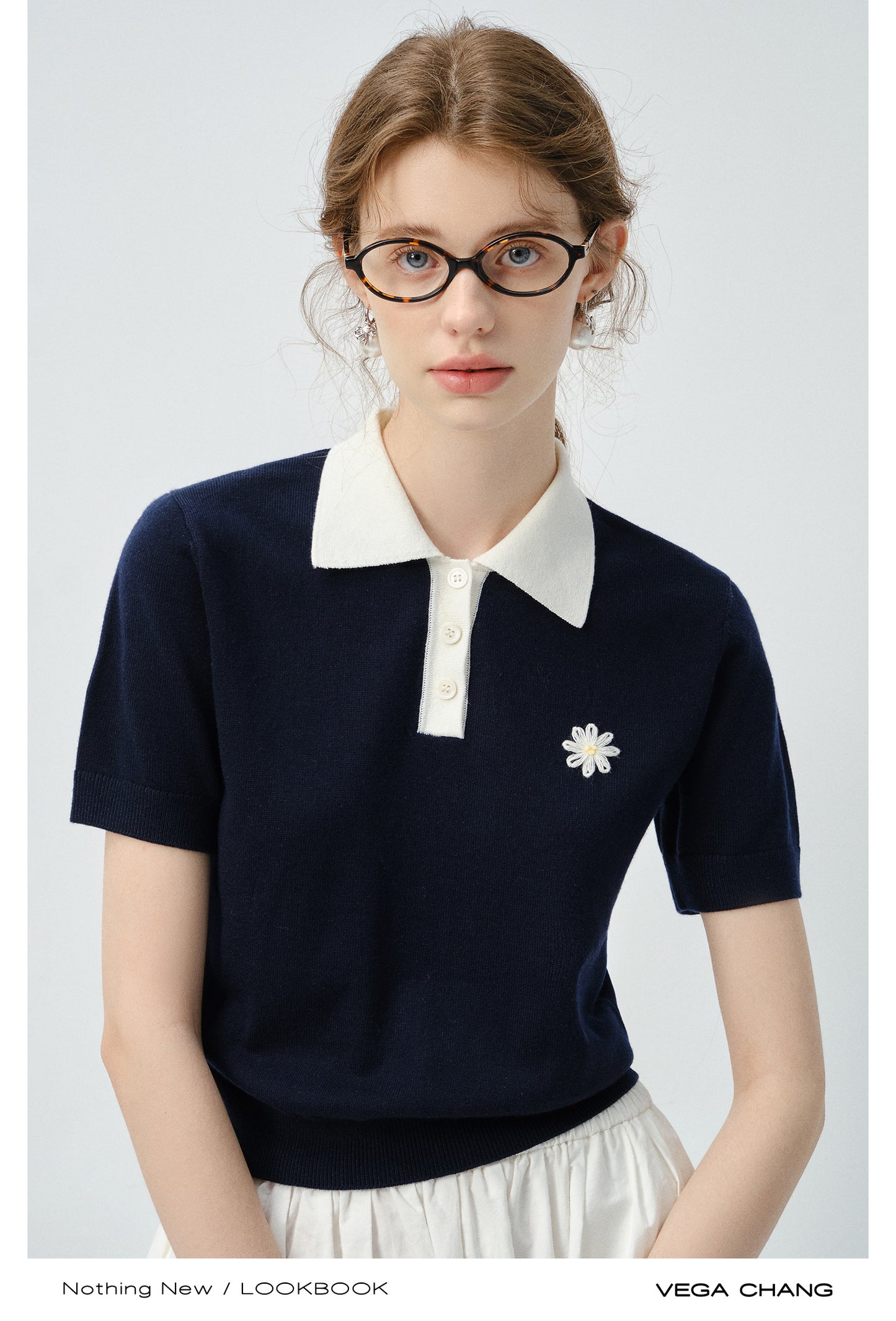 Flower Embroidered Puff-Sleeve Polo Shirt