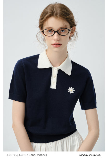 Flower Embroidered Puff-Sleeve Polo Shirt