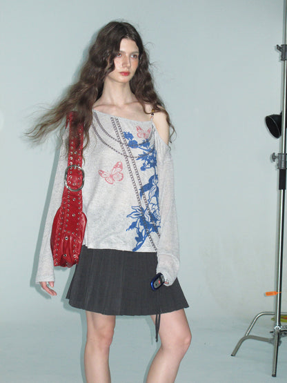 Beaded Strap One Shoulder Printed Top