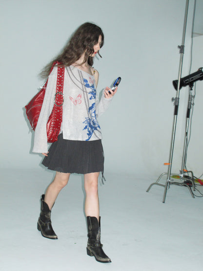 Beaded Strap One Shoulder Printed Top