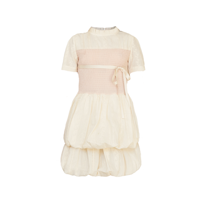 Embroidered Cotton Bubble Dress With Ribbon Bow