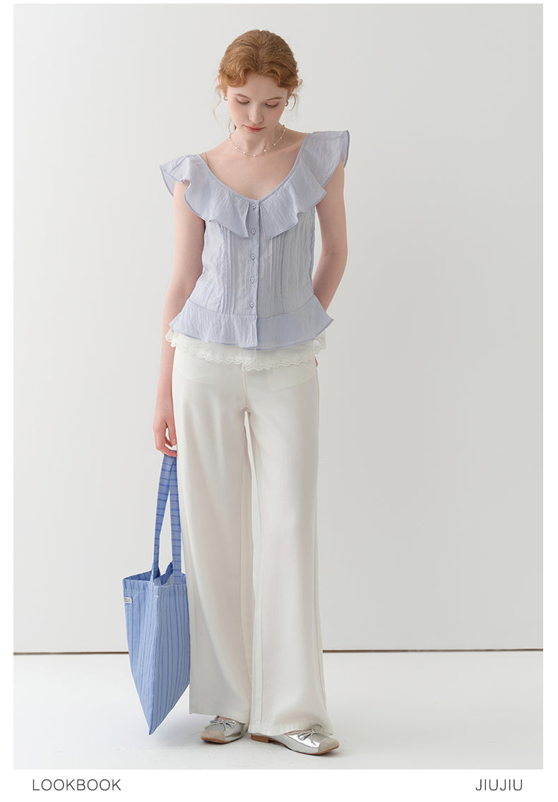 Sleeveless Textured Pintuck Blouse With Flutter Collar