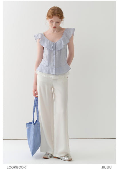 Sleeveless Textured Pintuck Blouse With Flutter Collar